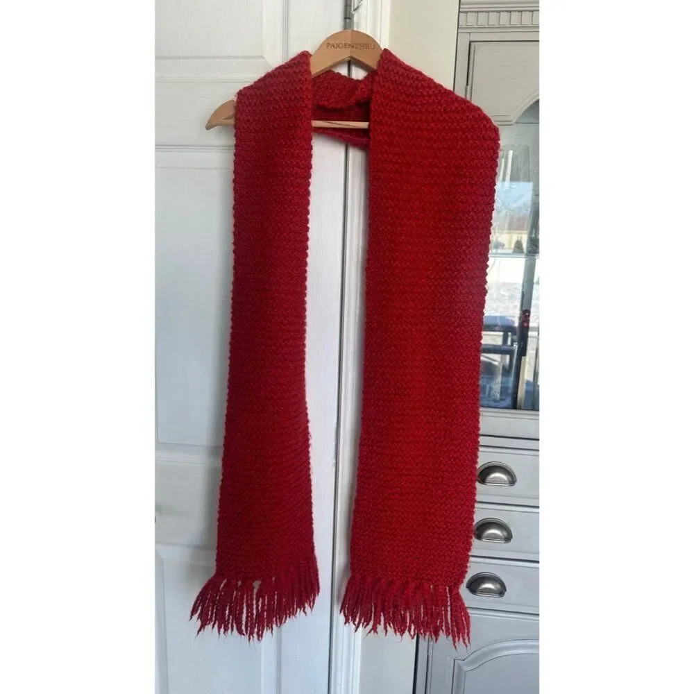 J Crew Unisex Red Chunky Knit Wool Fringe Scarf Timeless Sustainable